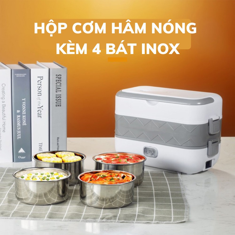 Hộp Cơm Cắm Điện Văn Phòng 2 Tầng 4 Bát Inox giữ nhiệt, hâm nóng và tự nấu chín thức ăn đa năng