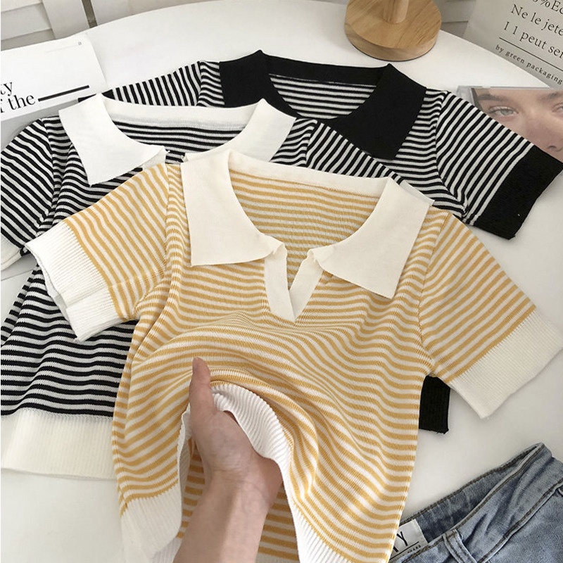 Áo Len Dệt Kim Ngắn Co Giãn Họa Tiết Kẻ Sọc Nhiều Màu Sắc Phong Cách Hàn Quốc Thời Trang Mùa Hè Cho Nữ