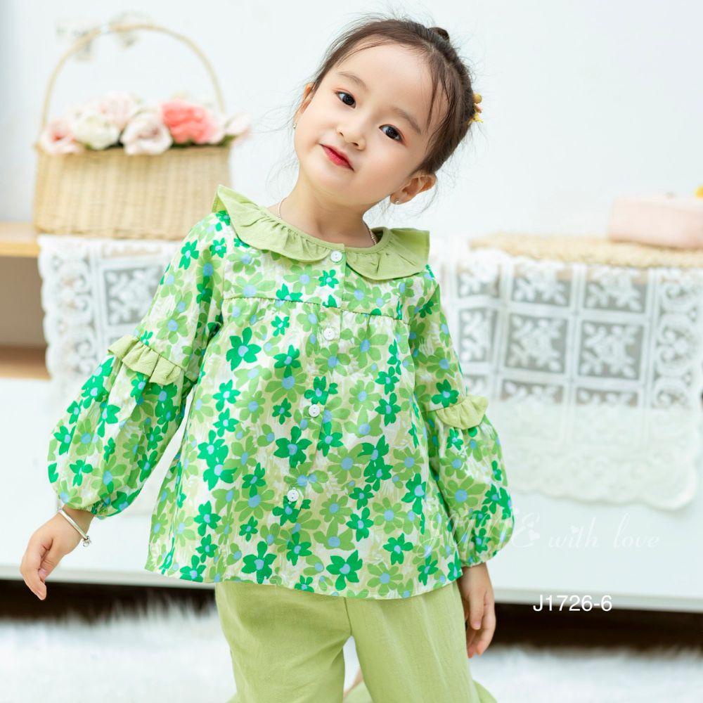 Bộ bé gái tay dài áo hoa cổ bèo xinh xắn, thích hợp mặc đi chơi, mặc ở nhà Shushibaby