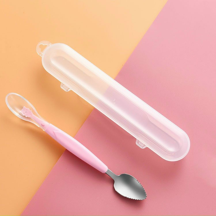 [Kèm Hộp Đựng Sạch Sẽ] Thìa Nạo Hoa Quả 2 Đầu Tiện Lợi Cho Bé Kết Hợp Thìa Ăn Dặm Silicon