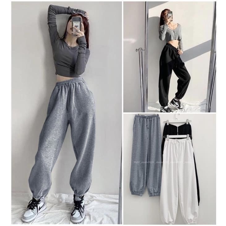 [ảnh thật-sẵn] Quần nỉ lót lông siêu nhẹ ghi đen
