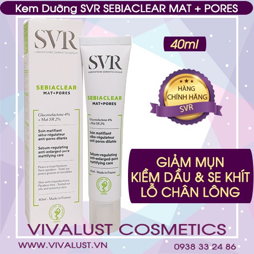 Kem Dưỡng SVR Sebiaclear Mat + Pores Tuýp 40ml - Kiềm Dầu, Giảm Mụn &amp; Se Khít Lỗ Chân Lông