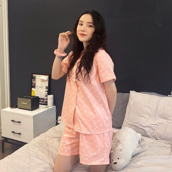 [SIÊU HOT] BỘ NGỦ PIZAMA đùi tay ngắn họa tiết hồng tim siêu hot