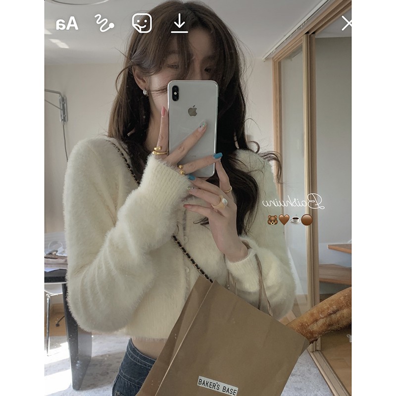 Áo khoác cardigan len lông cừu tay dài cổ tròn dáng ôm thời trang dành cho nữ