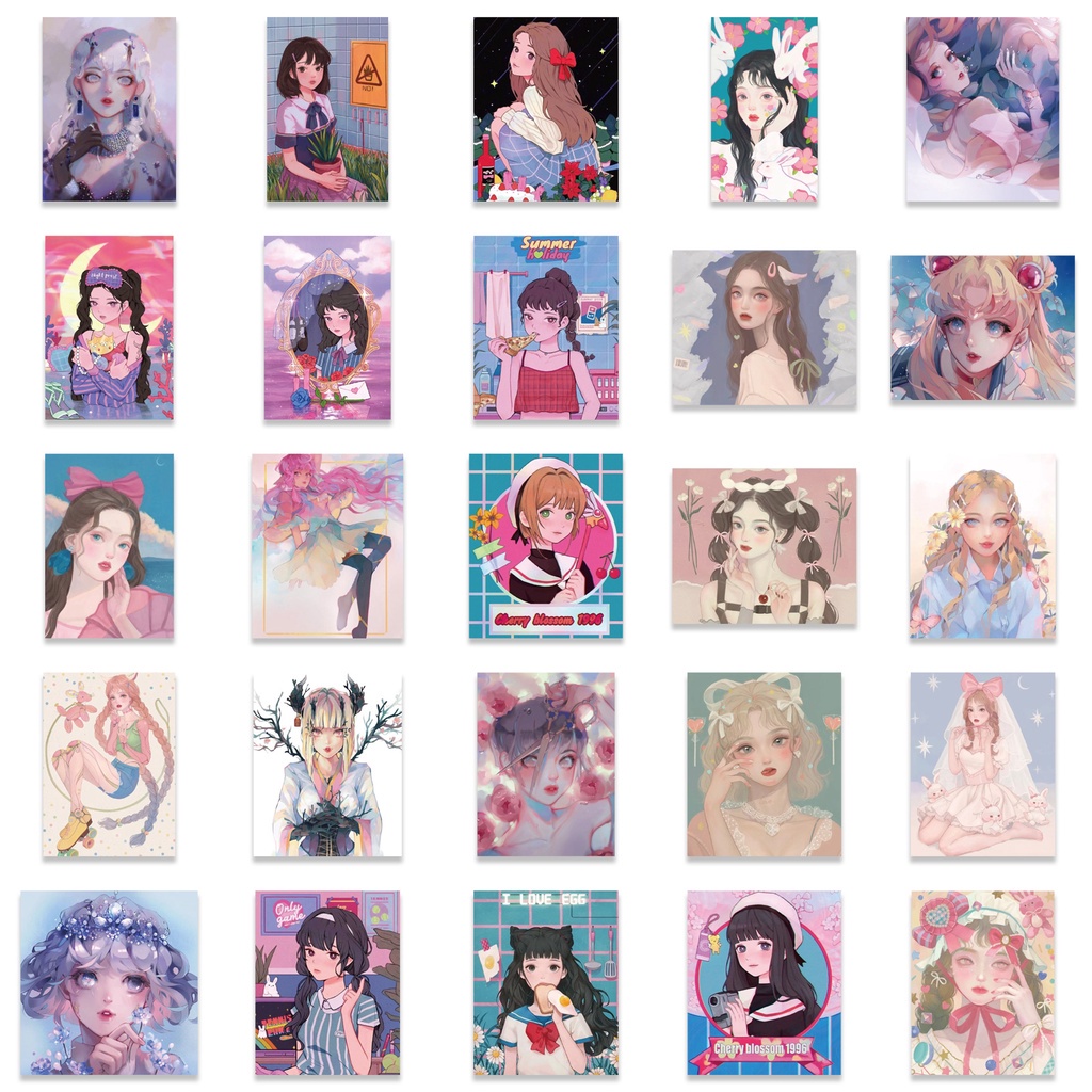Set 50 tấm sticker chống thấm nước GIRL ANIME DISCO cá tính dán laptop, vali, nón bảo hiểm, vật dụng