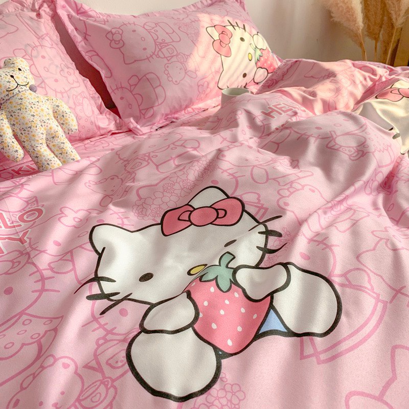 Bộ chăn ga gối Cotton poly M2T bedding, vỏ chăn mền, drap ga giường và 2 vỏ gối nằm - PL Mèo kitty