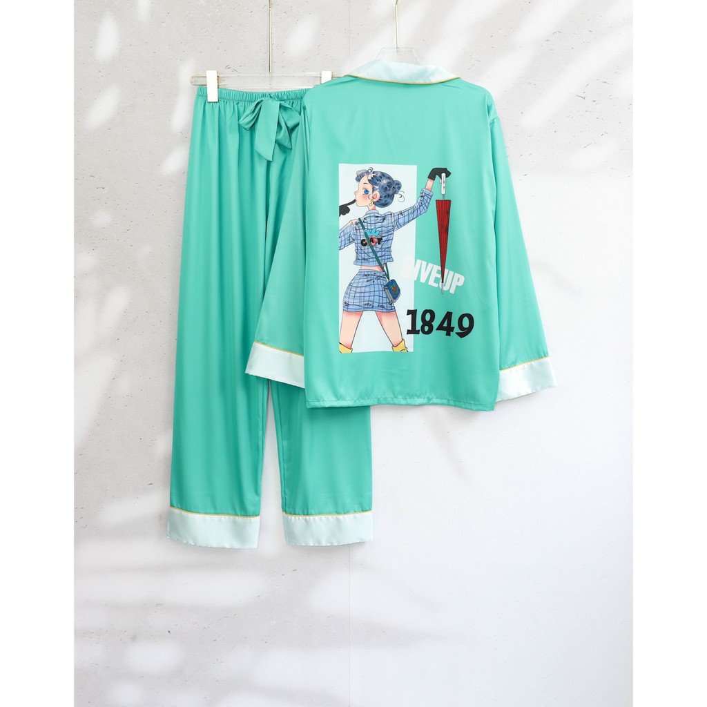 Đồ bộ mặc nhà cao cấp-Bộ ngủ pijama quần dài tay dài hình cô gái viền màu đễ thương chất lụa mịn mát cao cấp