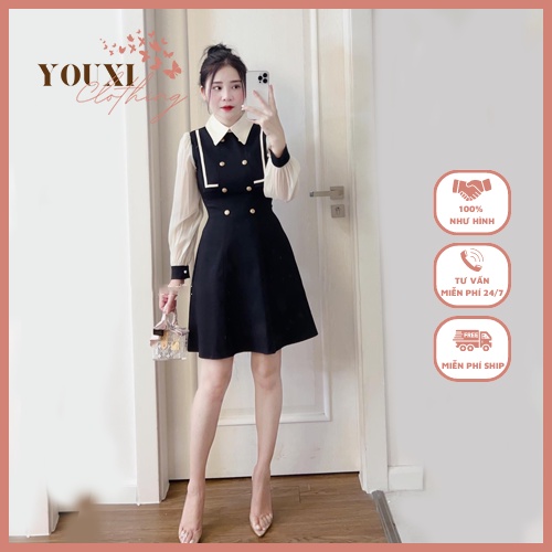Váy công sở cổ sơ mi cúc đồng tay phối voan tơ, đầm dự tiệc đi cưới dáng chữ A thanh lịch - Youxiclothing