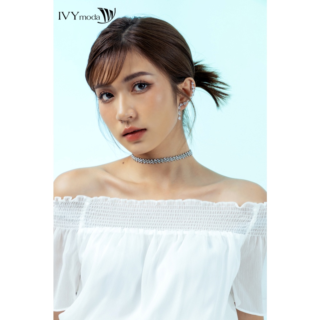Đầm lụa trễ vai chun eo xòe IVY moda MS 48M7571
