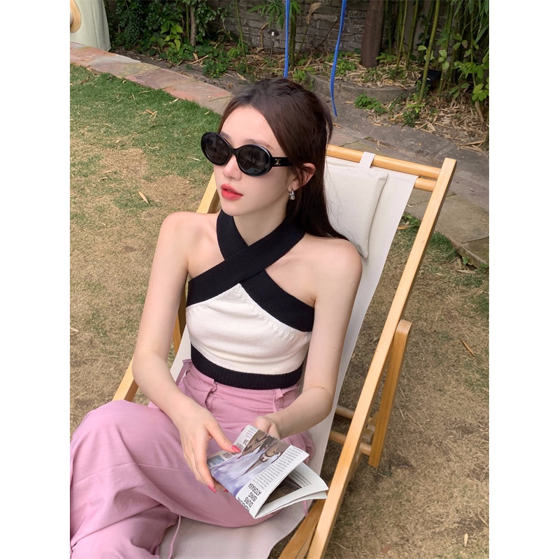 Áo Dệt Kim Hai Dây Ngắn Phong Cách Âu Mỹ Gợi Cảm Thời Trang Cho Nữ