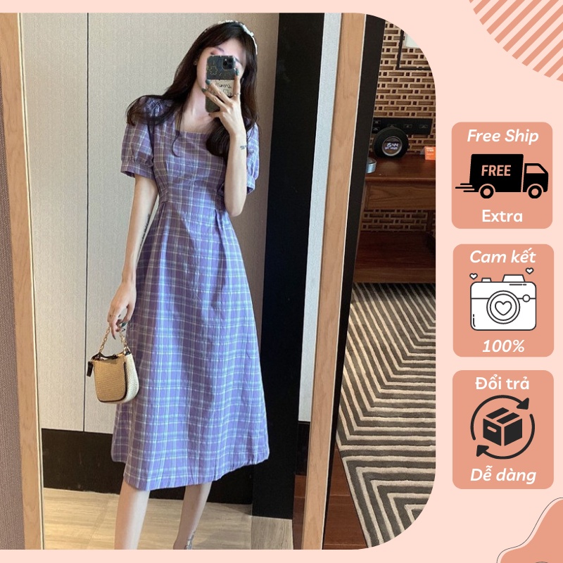 Đầm Maxi Tôn Dáng Kẻ Ô Cổ Vuông Thiết Kế Thắt Eo Ôm Dáng Vải Mềm Mịn Mát - D07B