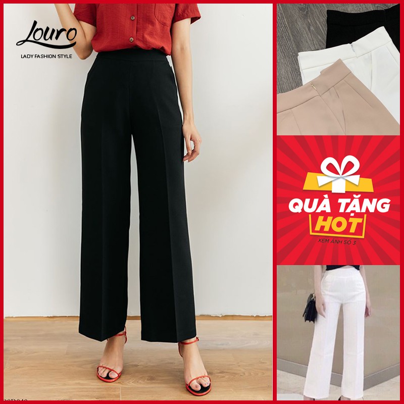 Quần ống rộng Louro L3000 khoá hông cạp cao,CÓ ẢNH THẬT dáng culottes ống sớ trơn 3 màu trắng đen be kiểu dáng đơn giản