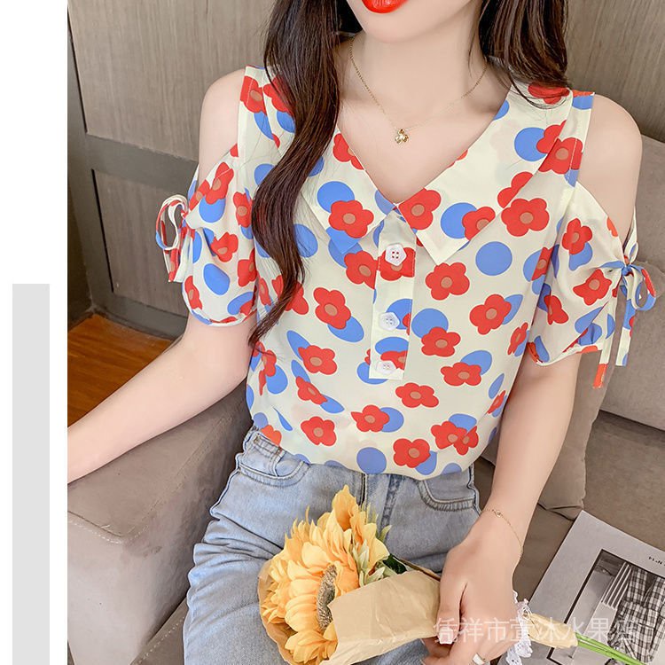 Áo Sơ Mi Mùa Hè 2021 Tay Cộc Cổ Búp Bê Hở Vai Họa Tiết Hoa Phong Cách Pháp Cho Nữ