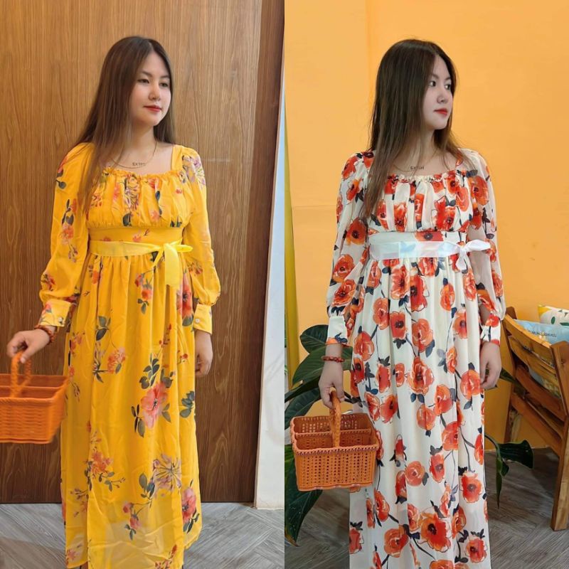 Đầm Maxi Hoa Xòe Tay Dài Phồng Cao Cấp