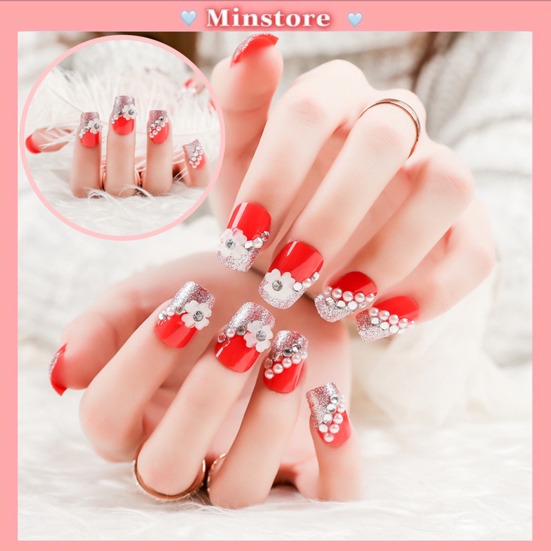 Bộ 24 Móng Tay Giả Màu Đỏ Hoạ Tiết Hoa Xinh Xắn Đáng Yêuaa