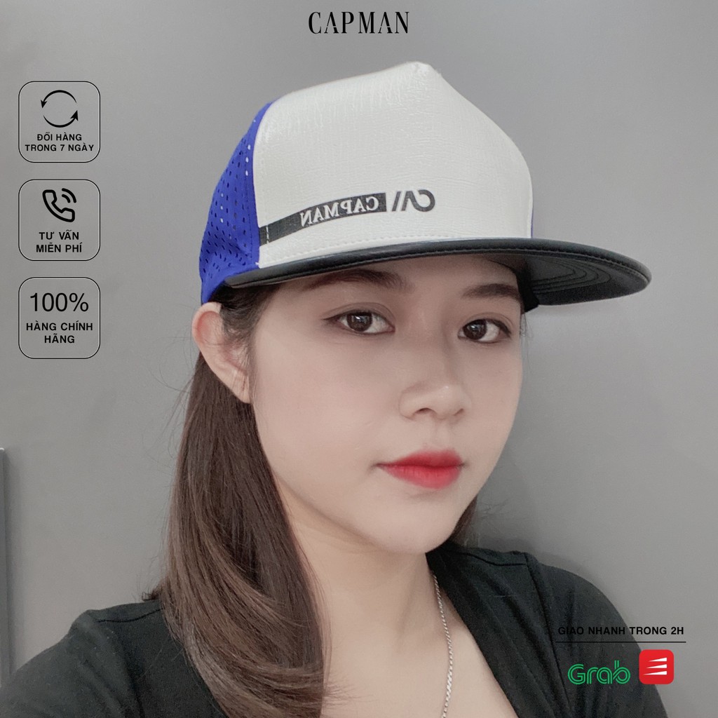 Mũ snapback CAPMAN chính hãng full box, nón lưỡi trai hiphop CM126 màu xanh trắng