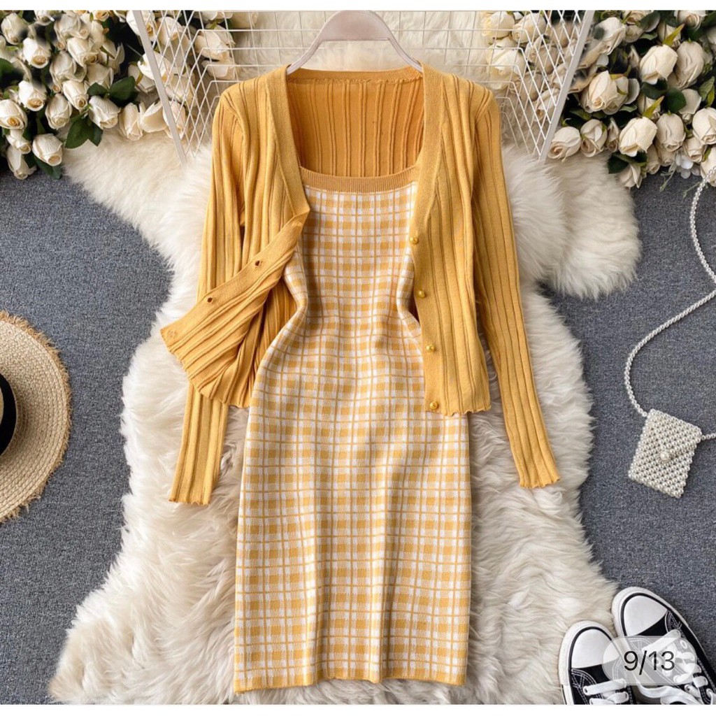 🔥FREE SHIP🔥Set áo váy len montoghi áo cardigan mỏng và váy hai dây. 🌸