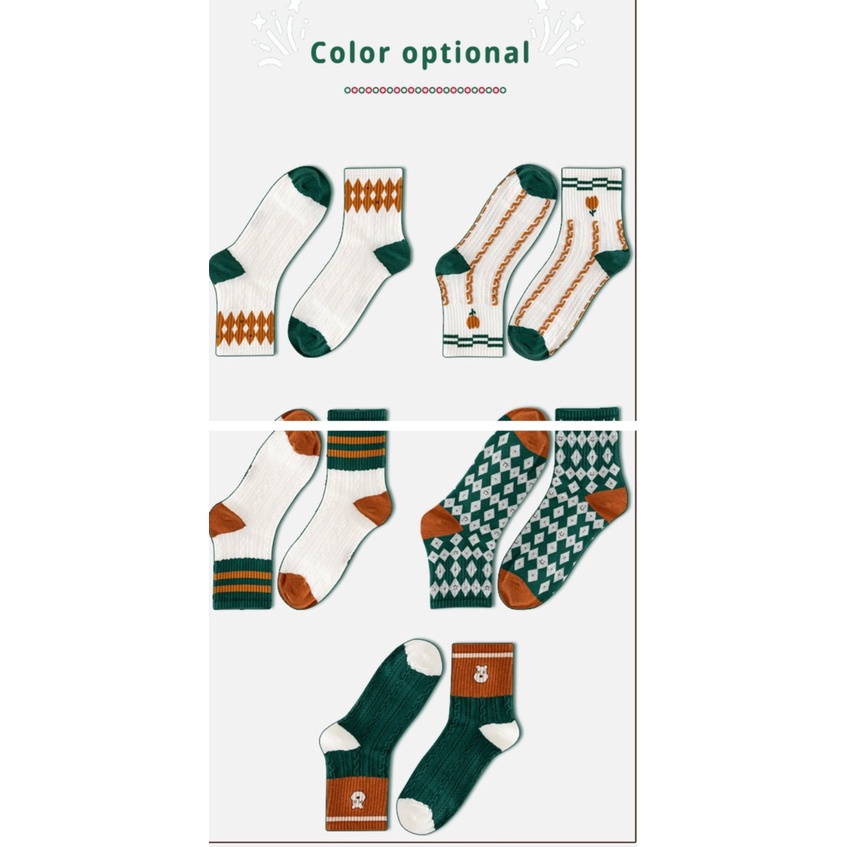 Vớ tất họa tiết cổ cao sọc quả trám gấu màu cam xanh lá