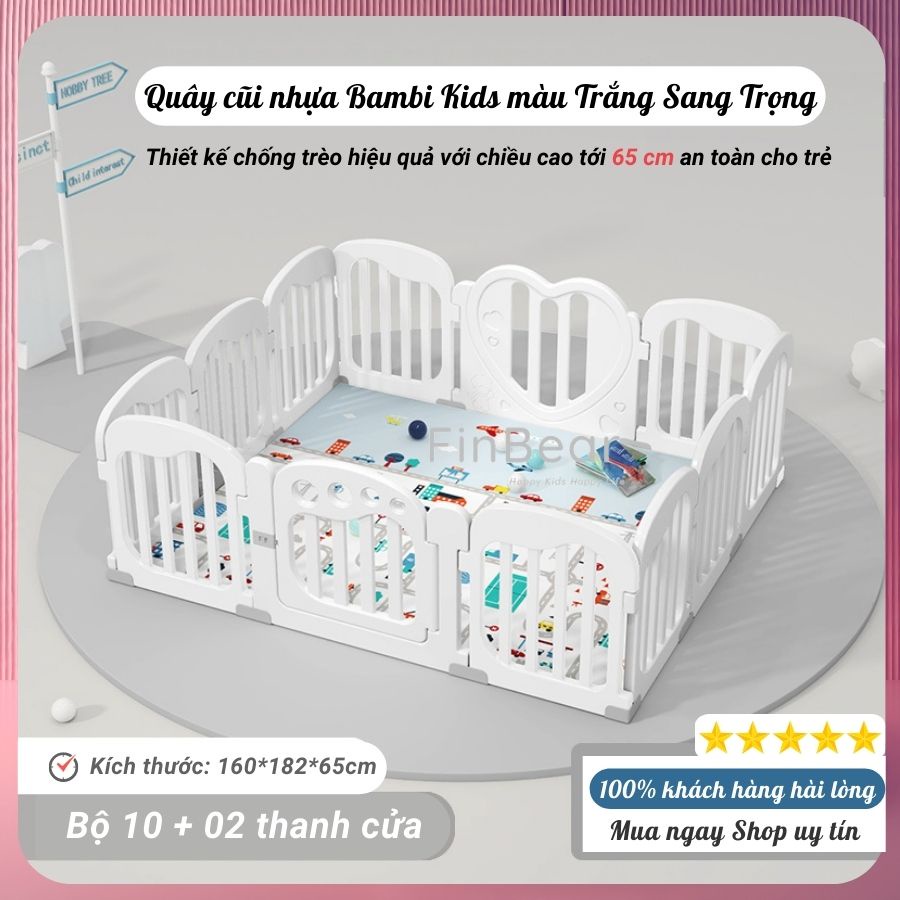 Quây cũi nhựa Bambi Kids màu Trắng nhiều kích thước, Cũi nhựa nguyên sinh cao 65cm an toàn cho bé FINBEAR