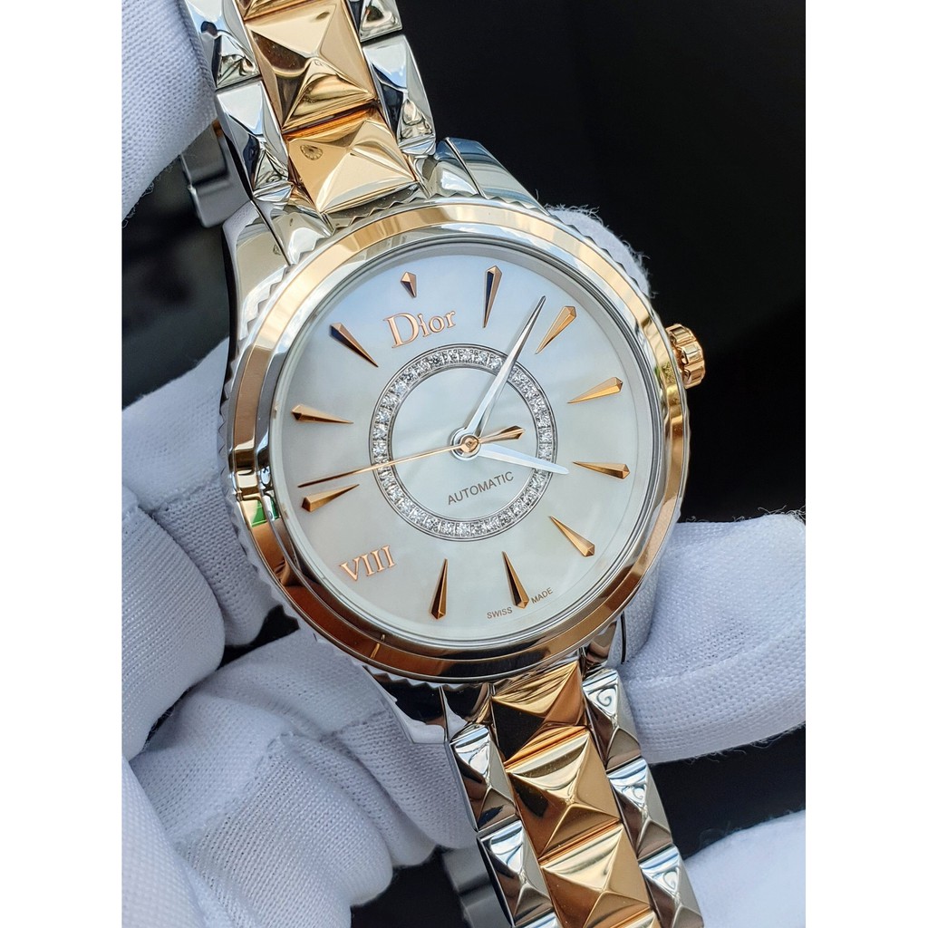 Đồng hồ nữ chính hãng Dior - Máy cơ tự động - Kính Sapphire nguyên khối - Vỏ dây demi vàng 18k