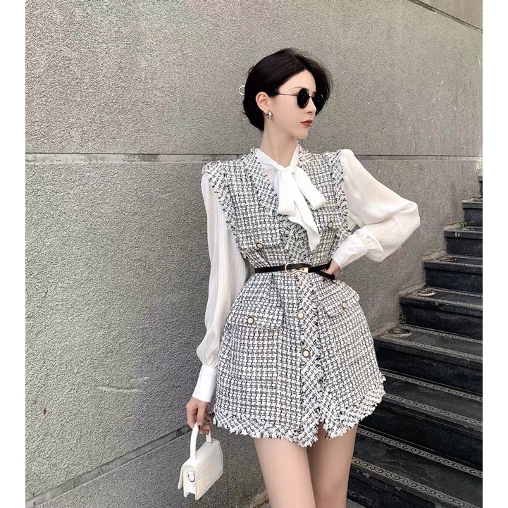 Áo khoác gile chất dạ tweed kèm belt