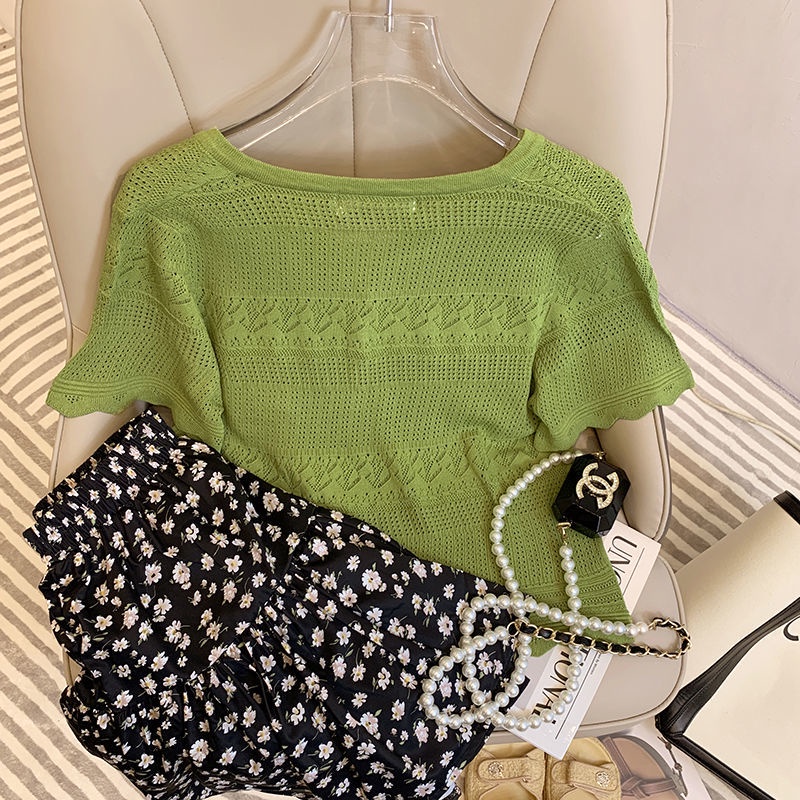 Bộ Áo cardigan Viền Gợn Sóng + Chân Váy Hoa Lưng Cao Xinh Xắn Theo Phong Cách Mới