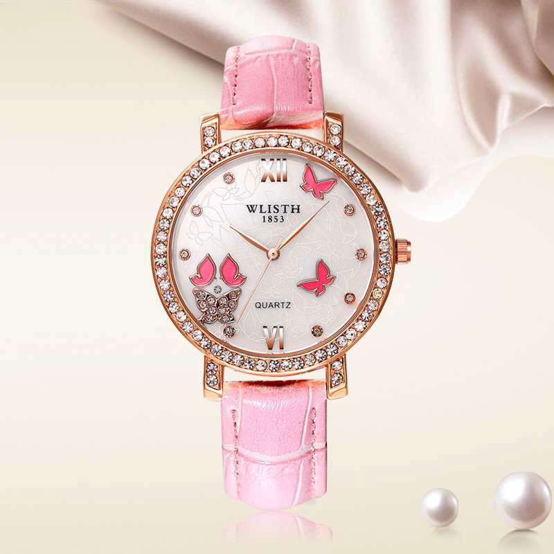Đồng hồ nữ đẹp, đồng hồ nữ chính hãng WLISTH dây da, mặt tròn, đính đá cao cấp, sang chảnh