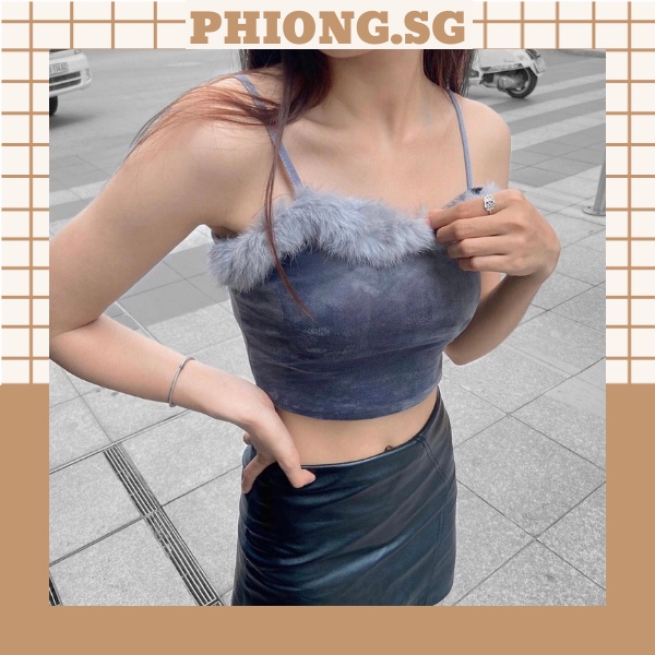 Áo croptop kiểu hai dây nhung lông xám hồng