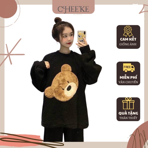 [ Có Video + Ảnh Thật ] Bộ Ngủ Gấu Lông 2 Mặt Cheeke House Mã 610