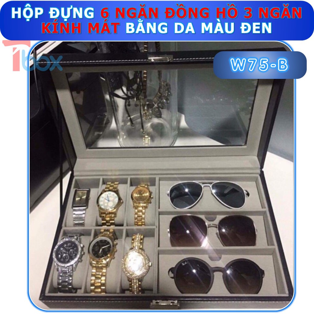 Hộp đựng đồng hồ kính mắt Freeship Hộp 6 đồng hồ 3 kính mắt bằng da màu đen cao cấp