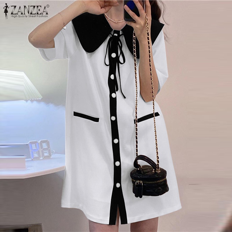 Đầm tay ngắn Zanzea phối màu tương phản phong cách Hàn Quốc thời trang cho nữ