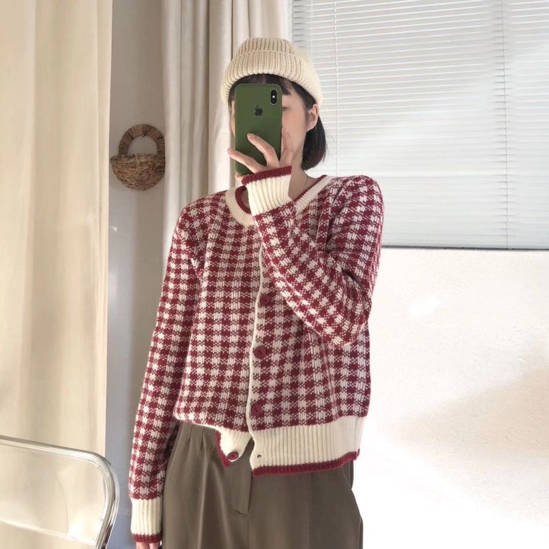 Áo khoác cardigan PURE CUBE cổ tròn họa tiết kẻ sọc ca rô nhiều màu sắc tùy chọn thời trang thu đông cho nữ