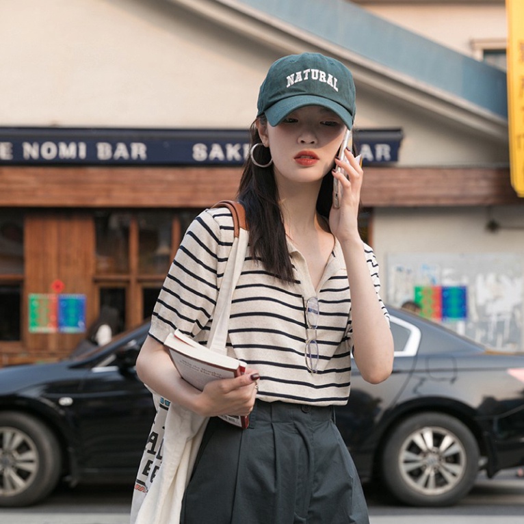 Áo Dệt Kim Nữ Ngắn Tay LUHAZO Áo Dệt Kim Tay Ngắn Hoạ Tiết Kẻ Sọc Motoghi Cổ Bẻ Hàng Quảng Châu M100 N-39