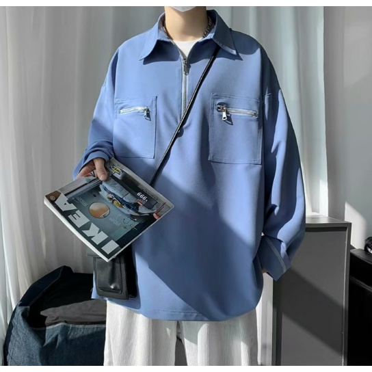 Áo Sơ Mi Cổ Polo Dáng Rộng Màu Trơn Thời Trang Hàn Quốc Cho Nam