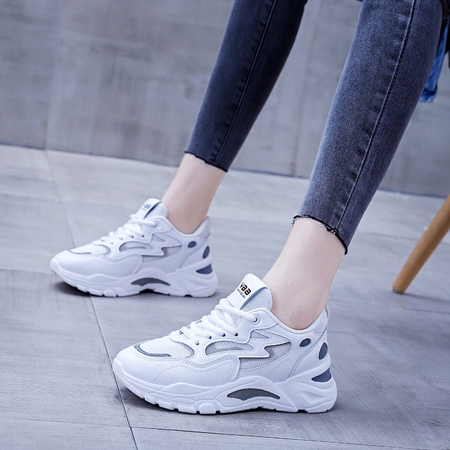 Giày thể thao nữ sneaker độn đế 2023 Top Shoes phong cách Hàn Quốc da và vải lưới cao cấp màu trắng Size 36- 40