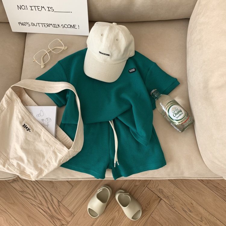 Bộ Áo Thun Tay Ngắn + Quần Short Cotton Trơn In Chữ Waffle Phong Cách Hàn Quốc Thời Trang Cho Bé Trai