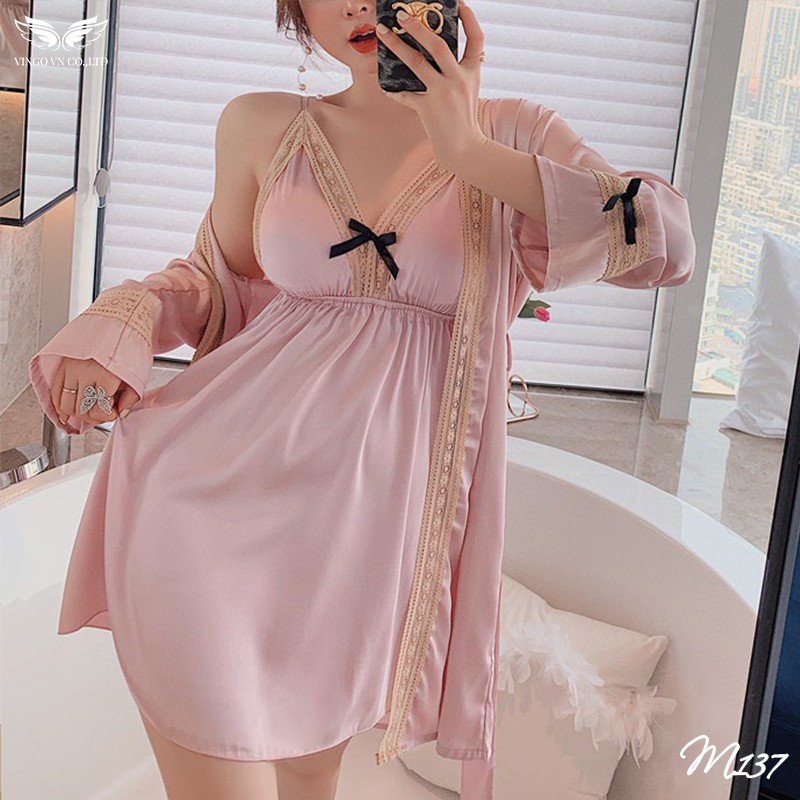 Set Váy Ngủ Hai Dây Kèm Áo Choàng Lụa Tay Dài Cao Cấp Phối Ren Kèm Nơ Nhỏ Xinh Gợi Cảm Sexy