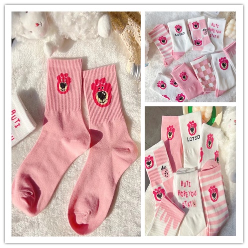 Vớ Dài Bằng Polyester Cotton Mềm Mại In Họa Tiết Gấu Hồng Dâu Tây Siêu Dễ Thương Cho Nữ