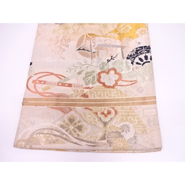 Antique Maru obi/ Hình xe đẩy, hoa lá và quạt - Trang phục truyền thống Nhật Bản