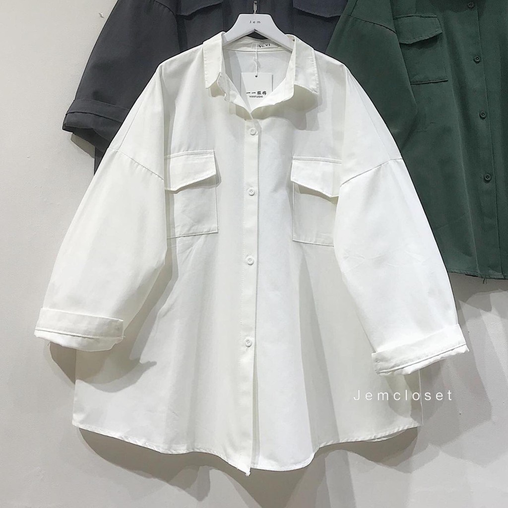 Áo Sơ Mi Kaki Nữ Sơ Mi Tay Dài Form Rộng Basic Phối Túi Nắp YIYI Phong Cách Ulzzang Màu Đen Trắng Xám Xanh 1758