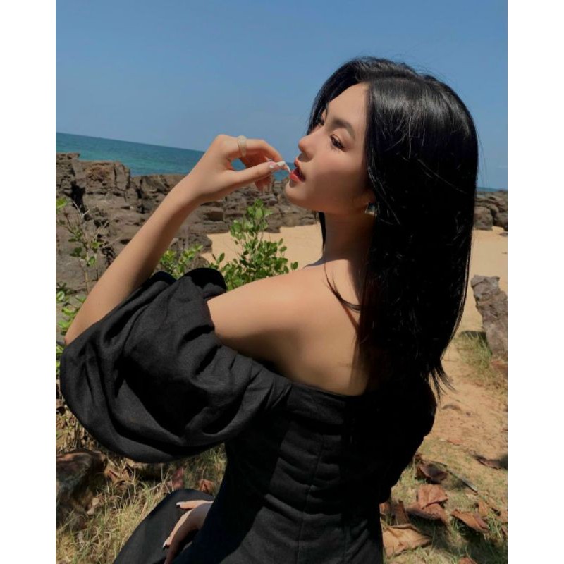 K] Đầm Midi đen cổ u tay thun.