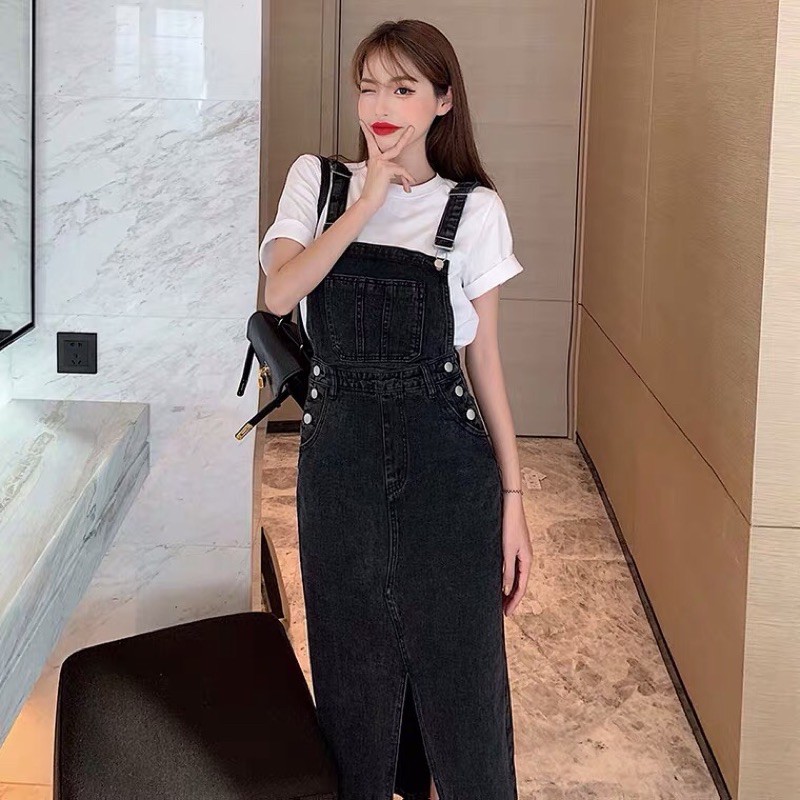 Váy yếm bò jeans ulzzang xẻ tà trước giành cho nữ
