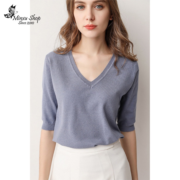 Áo len kiểu nữ đẹp Minxu Shop, áo len Quảng Châu tay lỡ cổ V  bo gấu nhiều màu nhiều size (ALN)