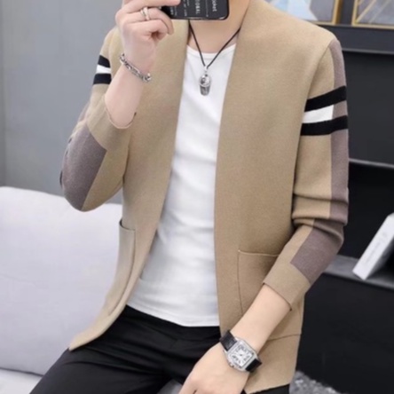 Áo Khoác Cardigan Dệt Kim Kẻ Sọc Dáng Ôm Thời Trang Cho Nam Giới