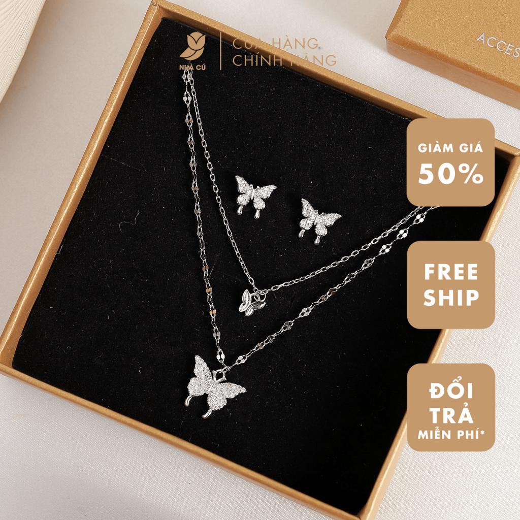 Dây chuyền nữ đá ZIRCON CZ 5A dây đôi mặt cánh bướm NHÀ CÚ màu bạc dễ thương phong cách hàn quốc 7043