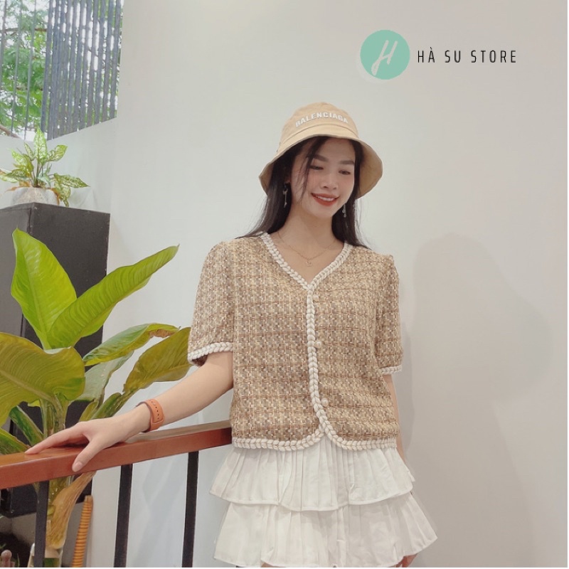[HOT] Áo Dạ Tweed Nữ Dáng Ngắn, Cộc Tay, Ngắn Tay, Viền Tết Trắng, Hoạ Tiết Ziczac, Phong Cách Hàn
