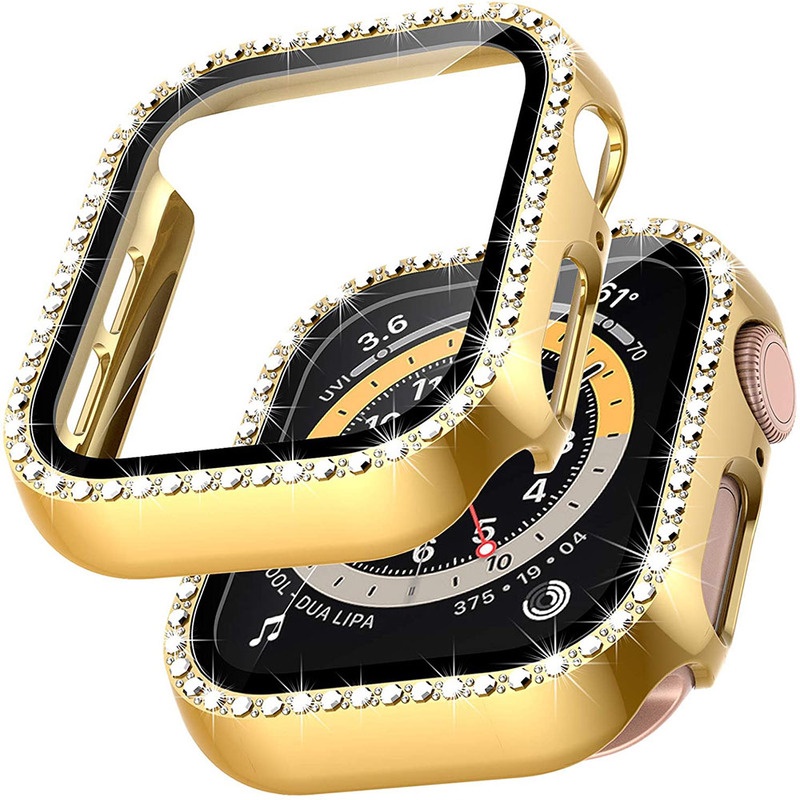 Ốp Bảo Vệ Đính Kim Cương Giả + Màng Bảo Vệ Màn Hình Đồng Hồ Thông Minh Apple Watch Series 7 6 SE 3 2 45mm 41mm 38mm 40mm 44mm
