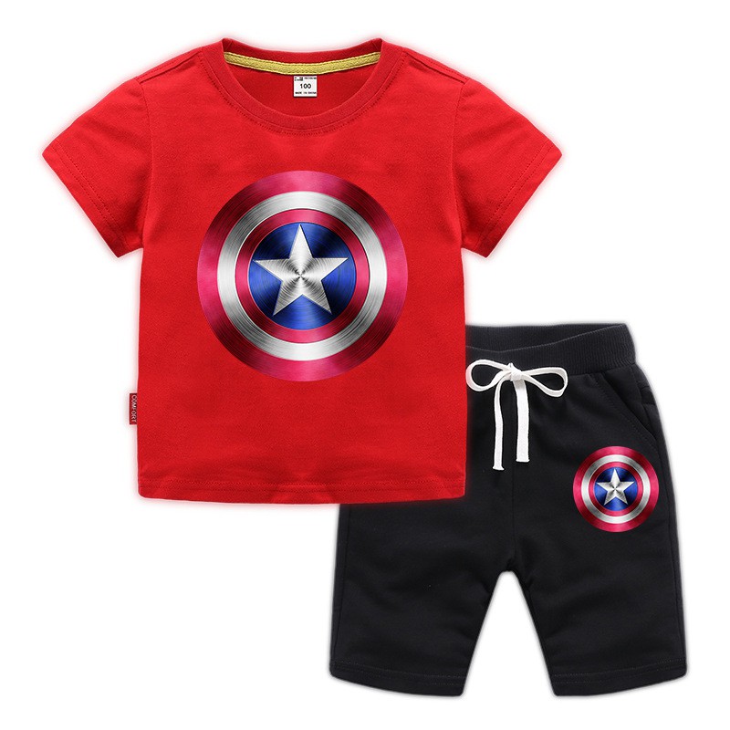 Bộ Đồ 2 Món Áo Thun Tay Ngắn In Hình Khiên Captain America Và Quần Dài Vải Cotton Dành Cho Bé Trai Bé Gái