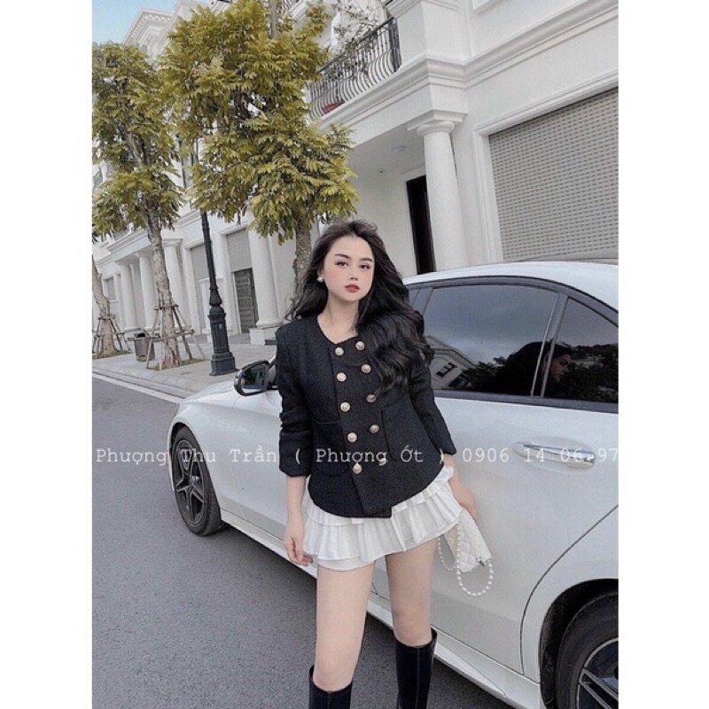 Áo khoác dạ tweed nữ cổ tròn 2 lớp trẻ trung