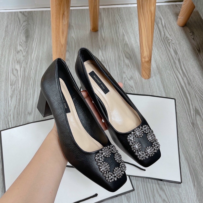 Giày da lỳ mũi vuông nơ đá